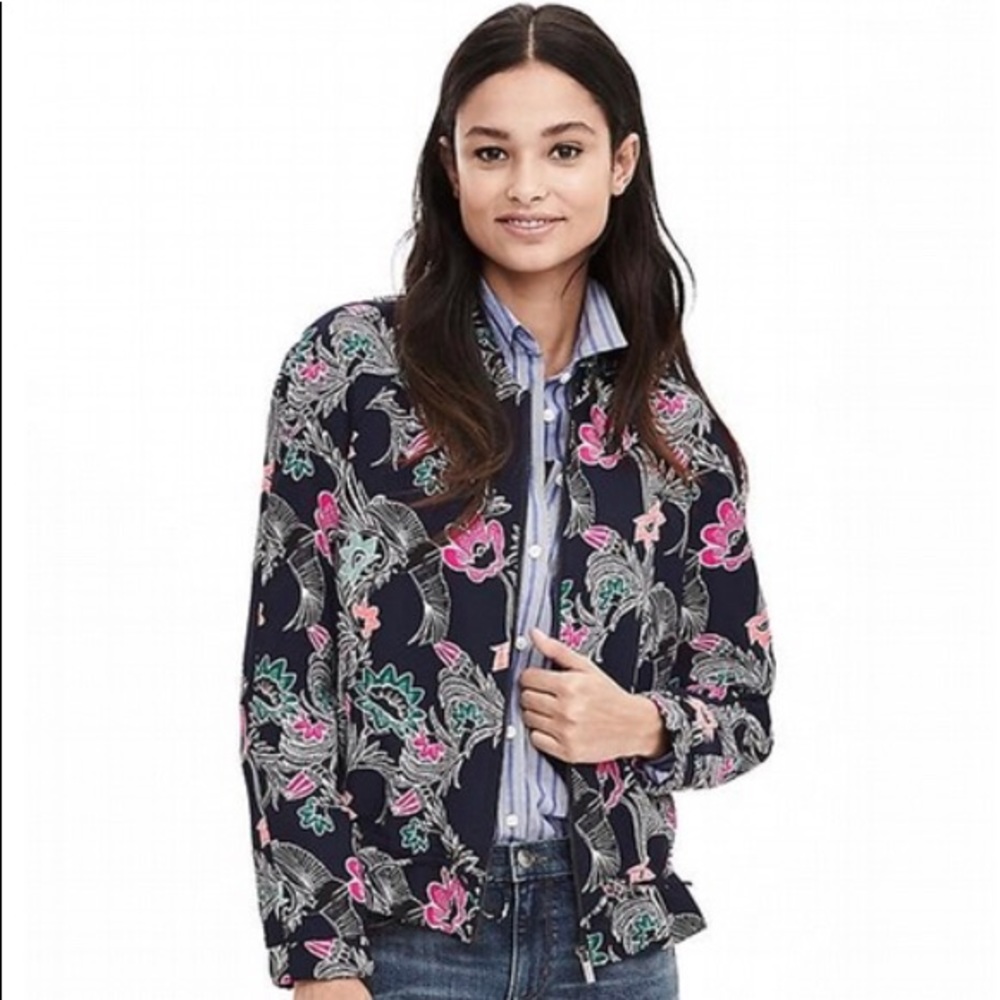 Banana Republic Bird Bomber Jacket S preppy navy